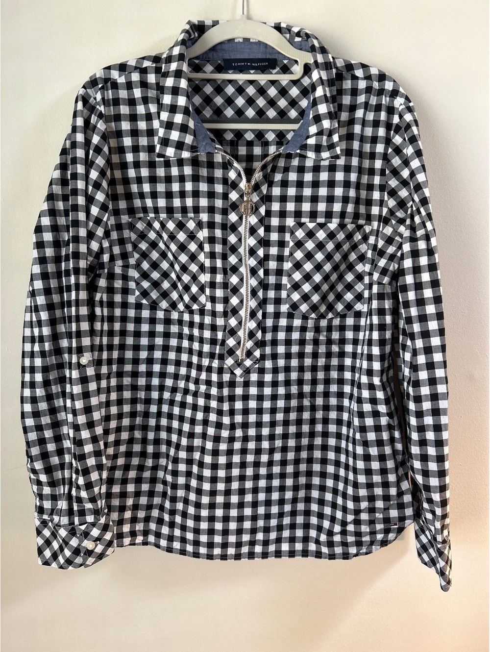 Tommy Hilfiger Black and White Checkered Button-Up Shirt with Half-Zip